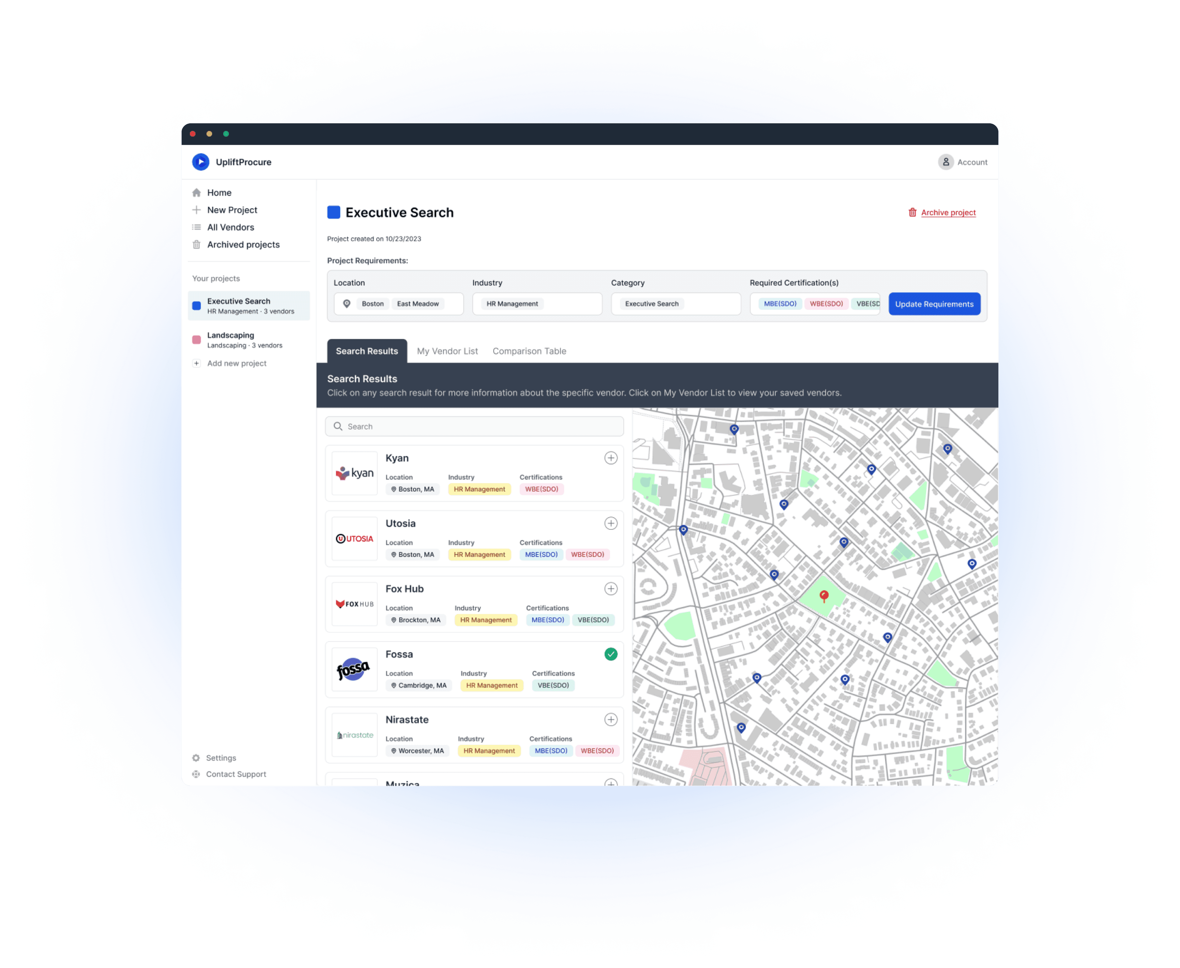 An example of a search inside the Uplift Procure platform: this screenshot shows a search for companies in the 'HR Management' industry, with search results plotted on a map