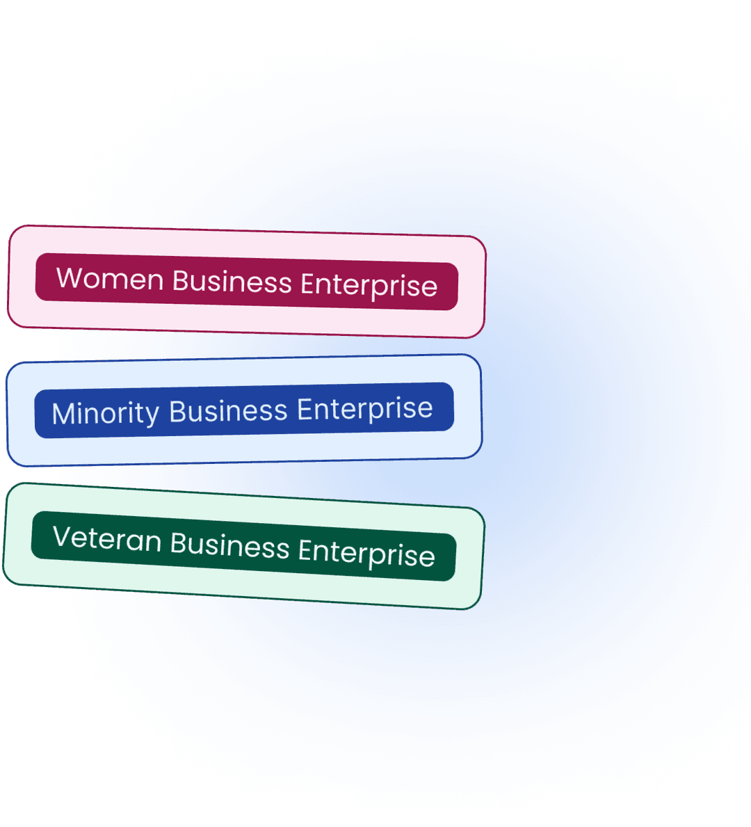 Badges showing vendor certifications like 'Women Business Enterprise', 'Minority Business Enterprise' and 'Veteran Business Enterprise'