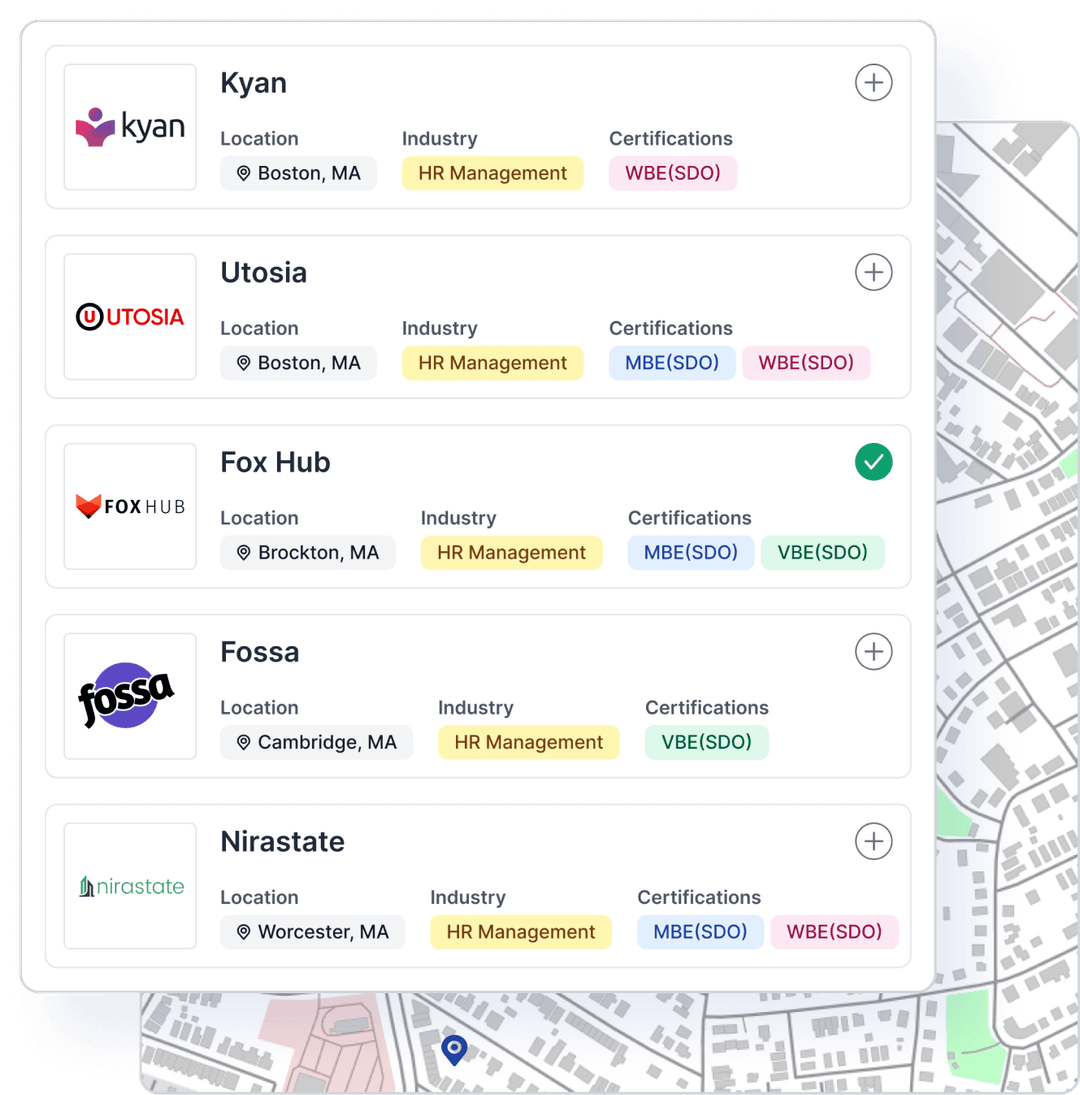 A list of vendors in the Uplift Procure database, showing their names, locations, industries and certifications